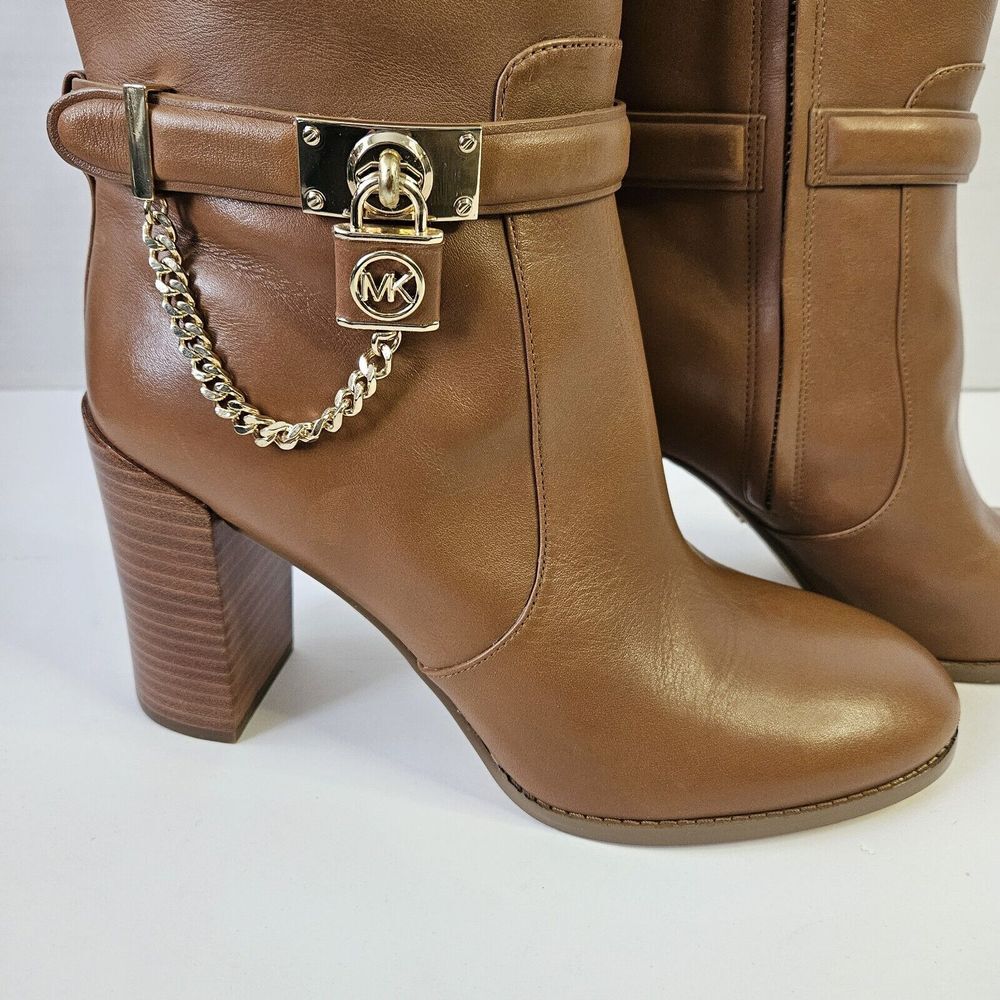 Michael Kors Brown Leather Knee-High Heeled Boots with Gold Chain Accent - Picture 4 of 12